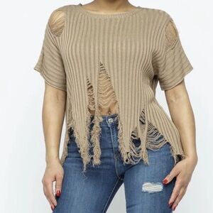 Distressed Ribbed Short Sleeve Top - Taupe